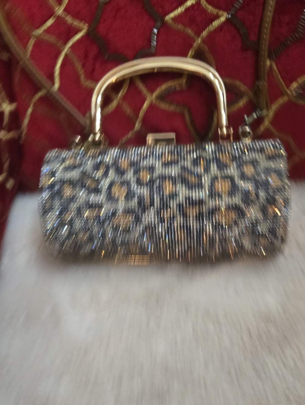 Crystal-Embellished Silver Animal Print  Evening Clutch with Gold Handle